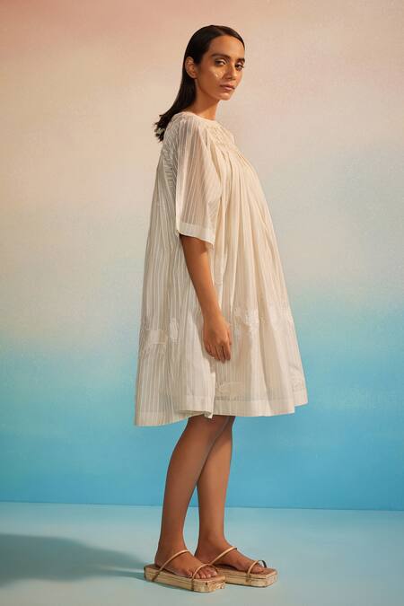Ahmev_Ivory Chanderi Cotton Embroidery Round Neck Musubi Smocking Dress _Online_at_Aza_Fashions