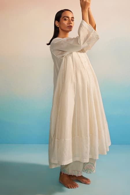 Shop_Ahmev_Ivory Chanderi, Cotton Round Neck Panelled Kurta _Online_at_Aza_Fashions