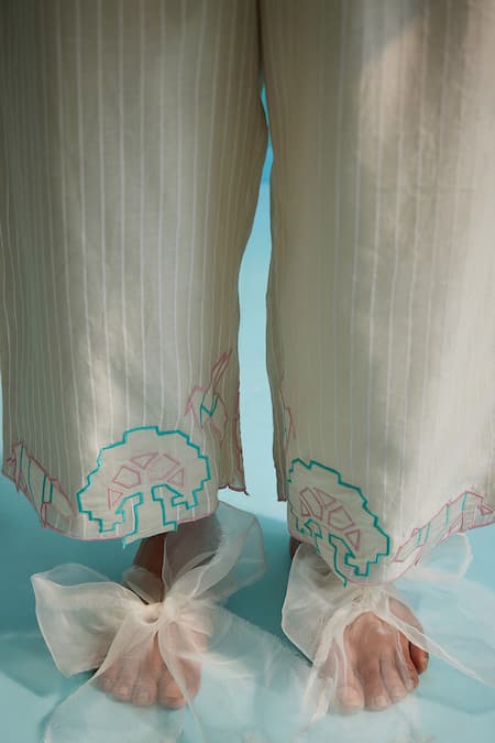 Ahmev_Ivory Chanderi, Cotton Embroidery Shiori Applique Pants _Online_at_Aza_Fashions