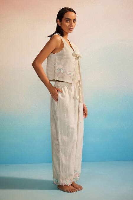 Buy_Ahmev_Ivory Chanderi, Cotton Embroidery Shiori Applique Pants _Online_at_Aza_Fashions