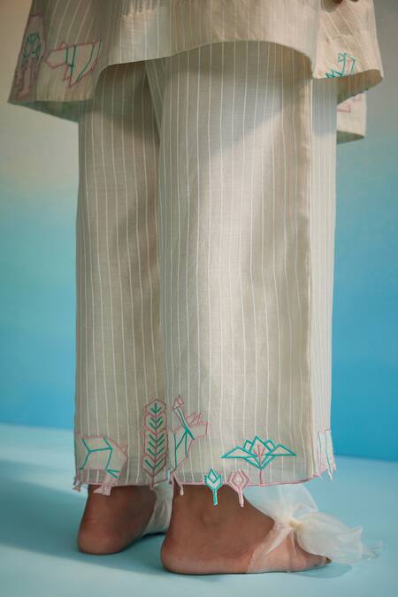 Shop_Ahmev_Ivory Chanderi, Cotton Embroidery Shiori Applique Pants _Online_at_Aza_Fashions