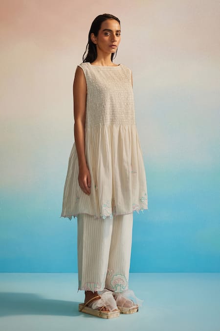 Ahmev_Ivory Chanderi Cotton Embroidery Round Neck Miyabi Ruching Dress  _Online_at_Aza_Fashions