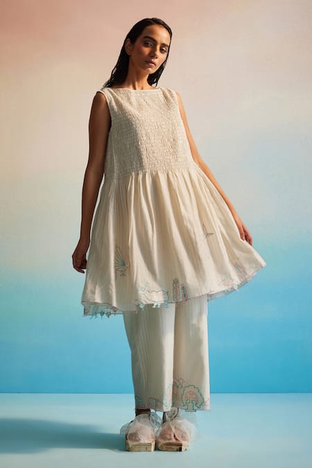 Ahmev Ivory Chanderi Cotton Embroidery Round Neck Miyabi Ruching Dress
