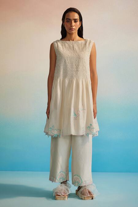 Buy_Ahmev_Ivory Chanderi Cotton Embroidery Round Neck Miyabi Ruching Dress  _Online_at_Aza_Fashions