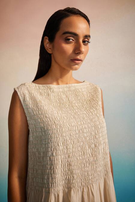 Shop_Ahmev_Ivory Chanderi Cotton Embroidery Round Neck Miyabi Ruching Dress  _Online_at_Aza_Fashions