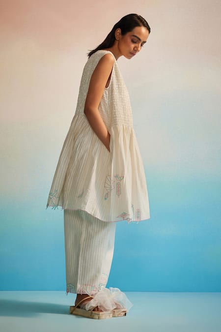 Ahmev_Ivory Chanderi Cotton Embroidery Round Neck Miyabi Ruching Dress  _at_Aza_Fashions