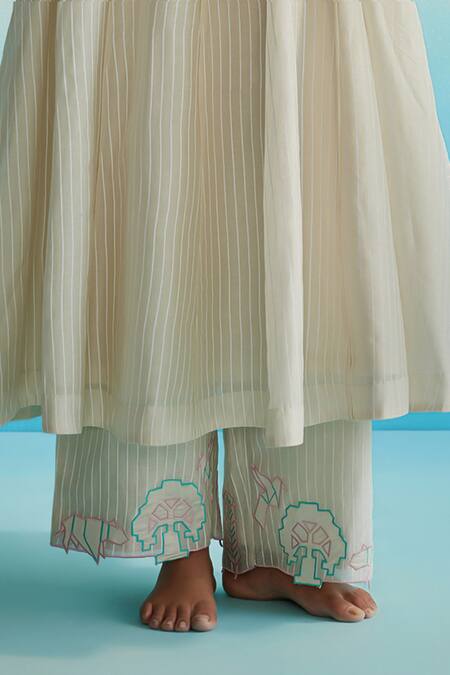 Ahmev_Ivory , , Embroidery Halter Striped Kurta Set _Online_at_Aza_Fashions