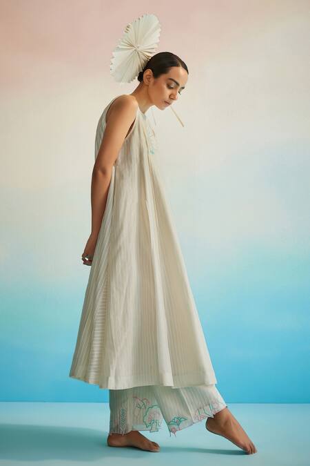 Buy_Ahmev_Ivory , , Embroidery Halter Striped Kurta Set _Online_at_Aza_Fashions