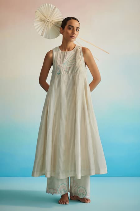 Ahmev Ivory , , Embroidery Halter Striped Kurta Set 