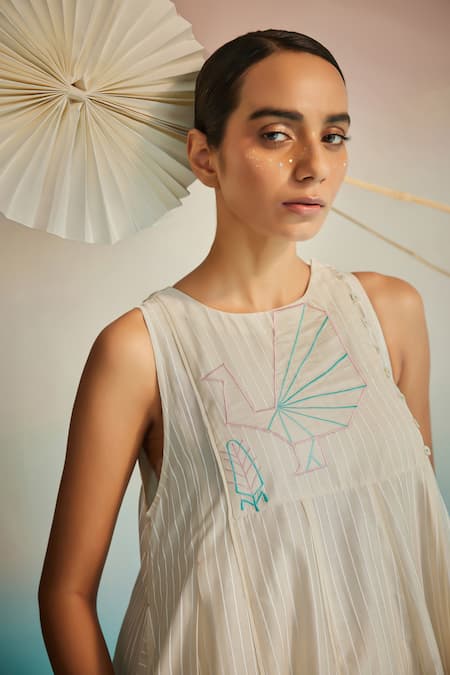 Ahmev_Ivory , , Embroidery Halter Striped Kurta Set _at_Aza_Fashions