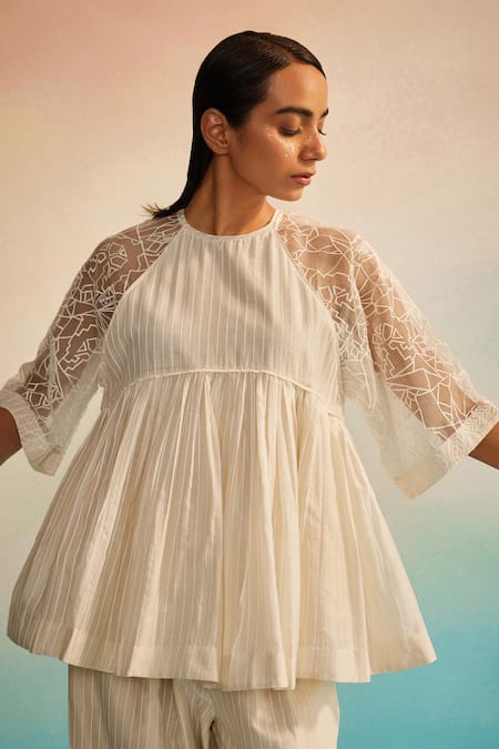 Ahmev_Ivory Chanderi, Organza, Cotton Embroidery Round Neck Top And Pant Set _Online_at_Aza_Fashions