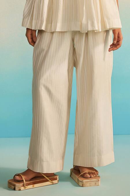 Buy_Ahmev_Ivory Chanderi, Organza, Cotton Embroidery Round Neck Top And Pant Set _Online_at_Aza_Fashions