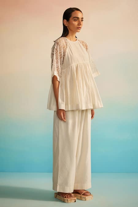 Shop_Ahmev_Ivory Chanderi, Organza, Cotton Embroidery Round Neck Top And Pant Set _Online_at_Aza_Fashions