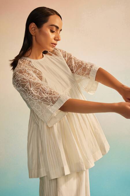 Ahmev_Ivory Chanderi, Cotton, Organza Embroidery Round Neck Peplum Set _at_Aza_Fashions
