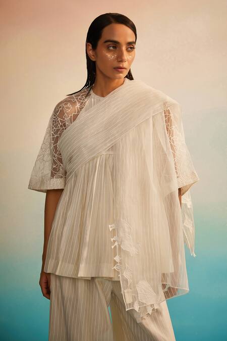 Buy_Ahmev_Ivory Chanderi, Cotton, Organza Embroidery Round Neck Peplum Set 