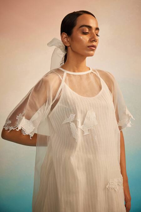Shop_Ahmev_Ivory Chanderi, Cotton, Organza Embroidery Round Neck Yuugen Kurta Set _Online_at_Aza_Fashions