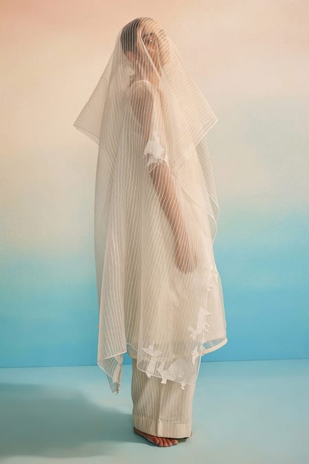 Ahmev_Ivory Chanderi, Cotton, Organza Embroidery Round Neck Yuugen Kurta Set _at_Aza_Fashions