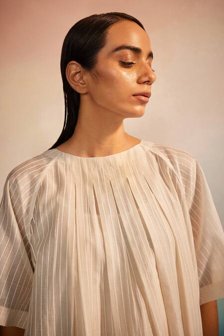 Ahmev Ivory Chanderi, Cotton Embroidery Round Neck Box Pleat Applique Kurta Set at Aza Fashions Ahmev_Ivory Chanderi, Cotton Embroidery Round Neck Box Pleat Applique Kurta Set _at_Aza_Fashions