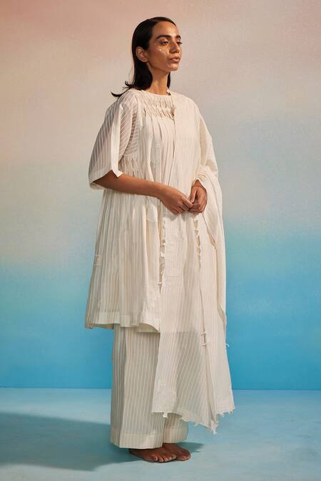 Shop_Ahmev_Ivory , , Embroidery Musubi Smocking Kurta Set _Online_at_Aza_Fashions