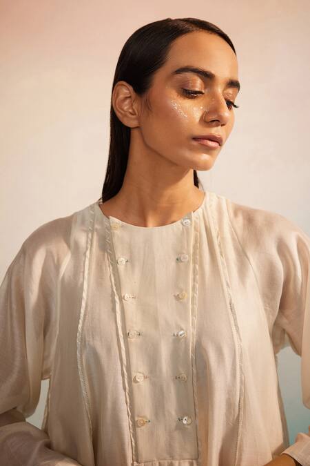 Buy_Ahmev_Ivory Cotton, Cotton, Embroidery Midori Panelled Kurta Set _Online_at_Aza_Fashions