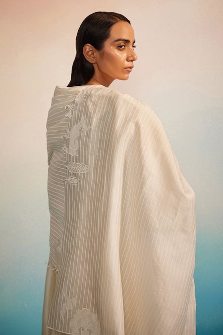 Shop_Ahmev_Ivory Cotton, Cotton, Embroidery Midori Panelled Kurta Set _Online_at_Aza_Fashions