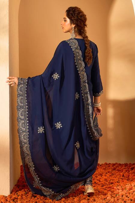 Shop Roohbyridhimaa Blue Organza Sequins, Zari Plunge Neck Anadh Mandala Embroidered Kurta Pant Set at Aza Fashions Shop_Roohbyridhimaa_Blue Organza Sequins, Zari Plunge Neck Anadh Mandala Embroidered Kurta Pant Set _at_Aza_Fashions