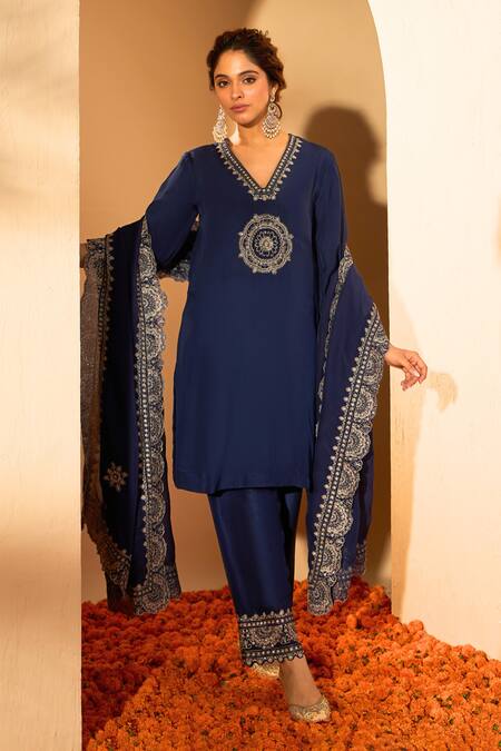 Roohbyridhimaa Blue Organza Sequins, Zari Plunge Neck Anadh Mandala Embroidered Kurta Pant Set Online at Aza Fashions Roohbyridhimaa_Blue Organza Sequins, Zari Plunge Neck Anadh Mandala Embroidered Kurta Pant Set _Online_at_Aza_Fashions