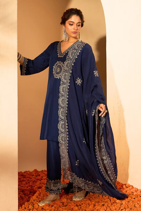 Buy Roohbyridhimaa Blue Organza Sequins, Zari Plunge Neck Anadh Mandala Embroidered Kurta Pant Set Online at Aza Fashions Buy_Roohbyridhimaa_Blue Organza Sequins, Zari Plunge Neck Anadh Mandala Embroidered Kurta Pant Set _Online_at_Aza_Fashions