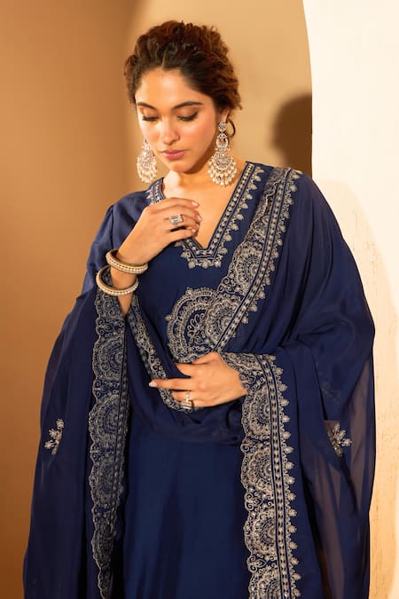 Buy Roohbyridhimaa Blue Organza Sequins, Zari Plunge Neck Anadh Mandala Embroidered Kurta Pant Set Buy_Roohbyridhimaa_Blue Organza Sequins, Zari Plunge Neck Anadh Mandala Embroidered Kurta Pant Set