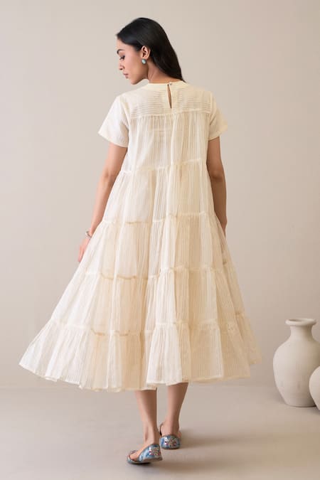 Shop_Roohbyridhimaa_Ivory Silk Organza Embroidery Round Neck Afsaa Dress _at_Aza_Fashions