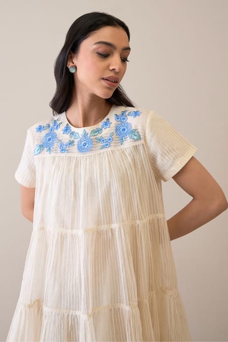 Roohbyridhimaa_Ivory Silk Organza Embroidery Round Neck Afsaa Dress _Online_at_Aza_Fashions
