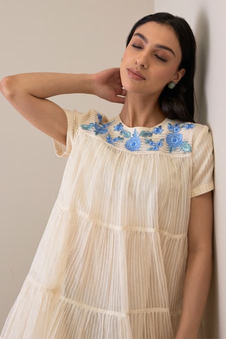Buy_Roohbyridhimaa_Ivory Silk Organza Embroidery Round Neck Afsaa Dress _Online_at_Aza_Fashions