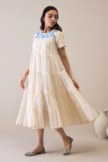 Shop_Roohbyridhimaa_Ivory Silk Organza Embroidery Round Neck Afsaa Dress _Online_at_Aza_Fashions