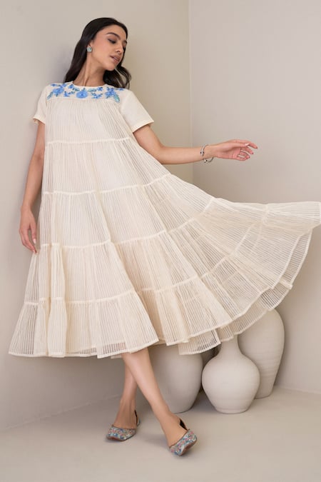 Roohbyridhimaa_Ivory Silk Organza Embroidery Round Neck Afsaa Dress _at_Aza_Fashions