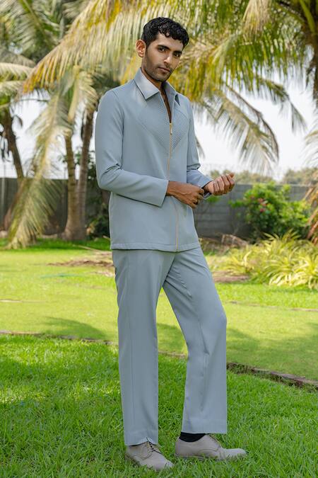 Shop Hilo Design Blue Linear Luxe Light Shacket at Aza Fashions Shop_Hilo Design_Blue Linear Luxe Light Shacket _at_Aza_Fashions