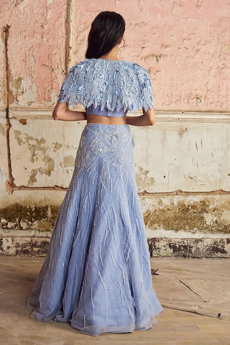 PIRI INDIA Lavender Blue Embroidered Cape Lehenga Set 