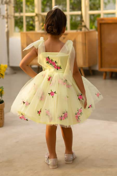 Shop Fayon Kids Yellow Net Embroidery Floral Dress at Aza Fashions Shop_Fayon Kids_Yellow Net Embroidery Floral Dress _at_Aza_Fashions