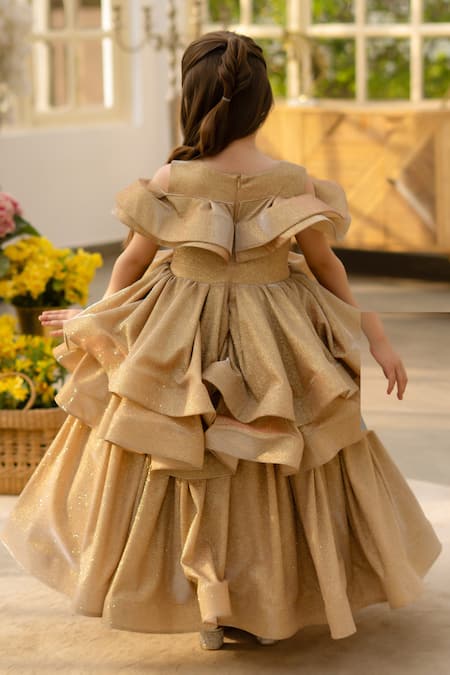 Shop Fayon Kids Gold Shimmer Ruffled Dress at Aza Fashions Shop_Fayon Kids_Gold Shimmer Ruffled Dress _at_Aza_Fashions