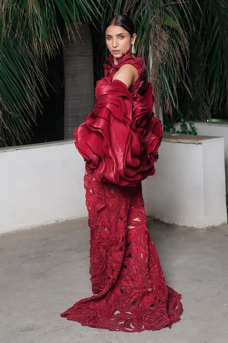 Buy_Aurouss_Red Organza, Satin, Twill Sequins, Embroidery Scoop Neck Gown With Cape _Online_at_Aza_Fashions