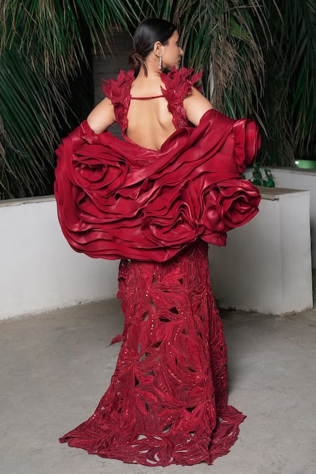 Aurouss Red Embroidered Gown with Cape 