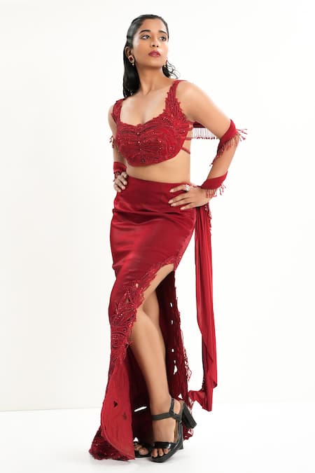 Buy_Aurouss_Red Organza, Satin, Spandex, Twill Sequins, Beads, Embroidery Round Skirt Set _Online_at_Aza_Fashions