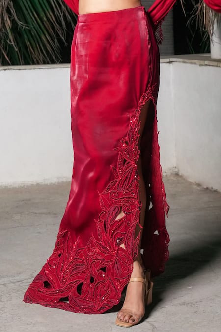 Shop_Aurouss_Red Organza, Satin, Spandex, Twill Sequins, Beads, Embroidery Round Skirt Set _Online_at_Aza_Fashions