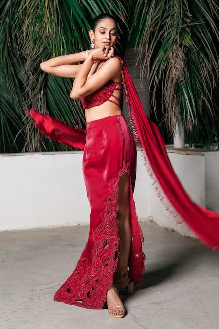 Aurouss_Red Organza, Satin, Spandex, Twill Sequins, Beads, Embroidery Round Skirt Set _at_Aza_Fashions