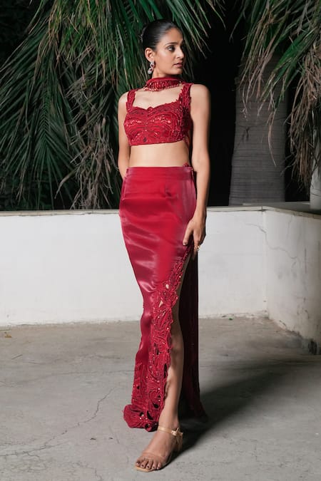 Buy_Aurouss_Red Organza, Satin, Spandex, Twill Sequins, Beads, Embroidery Round Skirt Set 