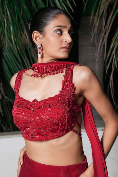 Shop_Aurouss_Red Organza, Satin, Spandex, Twill Sequins, Beads, Embroidery Round Skirt Set 