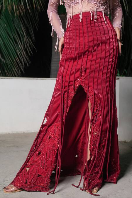 Buy_Aurouss_Red Organza, Satin, Twill, Net, Mesh Embroidery, Designer Skirt And Body Suit Set 