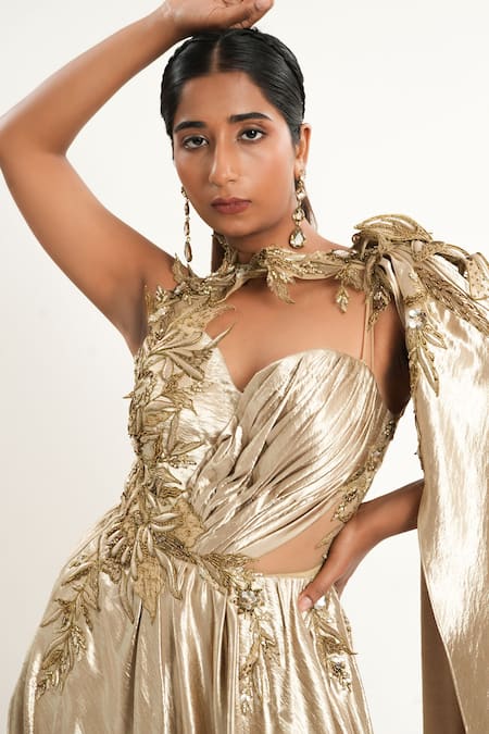 Buy_Aurouss_Gold Satin, Tulle Embroidery Asymmetric Liquid Designer Gown _Online_at_Aza_Fashions