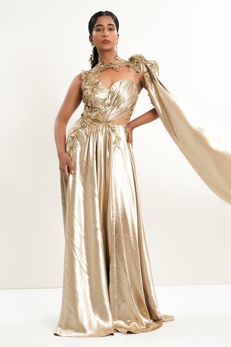 Shop_Aurouss_Gold Satin, Tulle Embroidery Asymmetric Liquid Designer Gown _Online_at_Aza_Fashions
