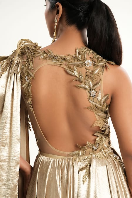 Aurouss_Gold Satin, Tulle Embroidery Asymmetric Liquid Designer Gown _at_Aza_Fashions