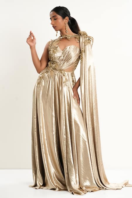 Buy_Aurouss_Gold Satin, Tulle Embroidery Asymmetric Liquid Designer Gown 